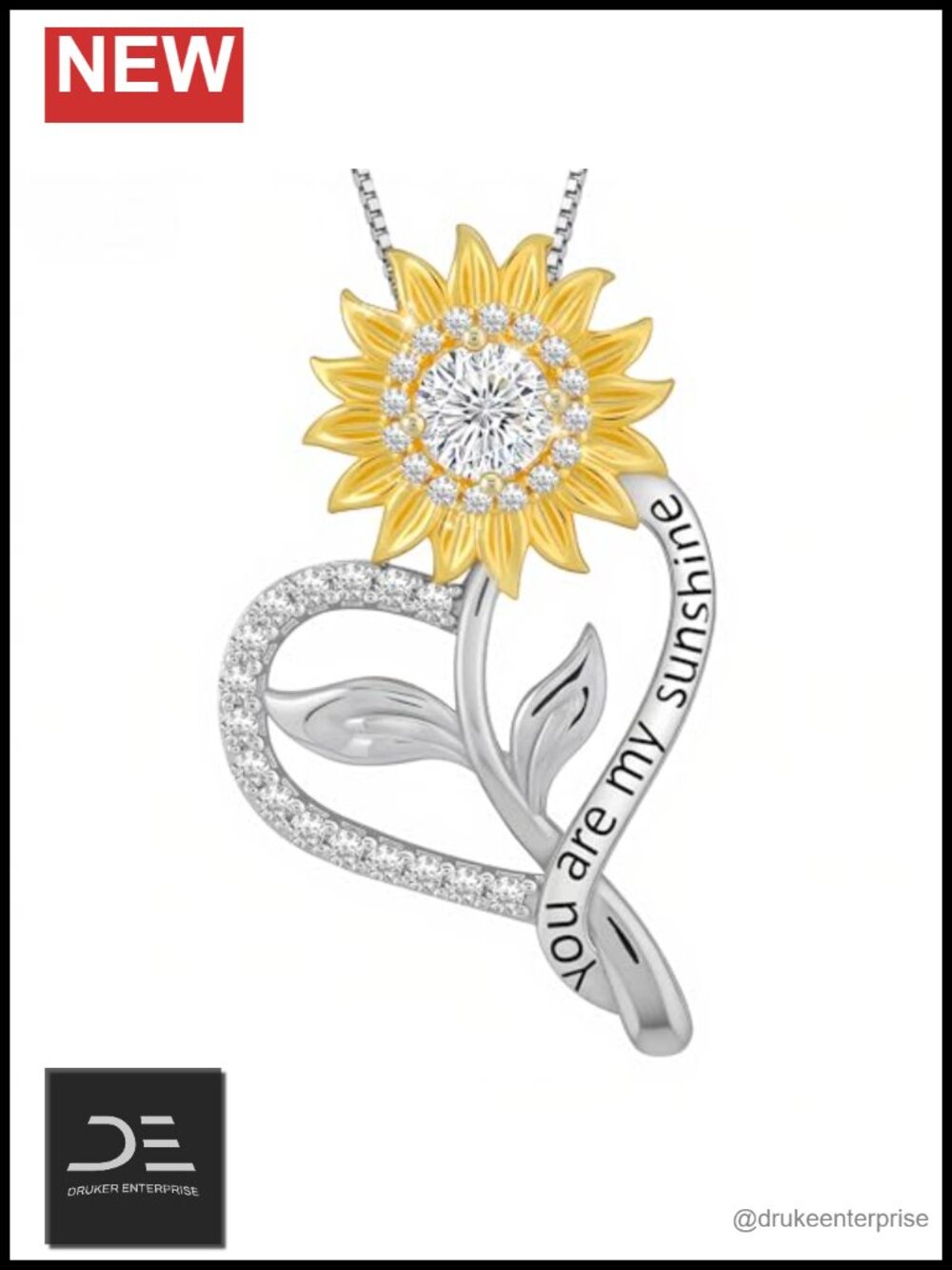 1 Carat Moissanite Sunflower Pendant Necklace, 925 Sterling Silver, Engraved